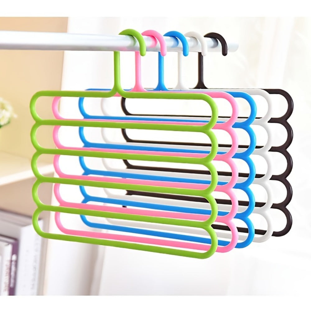 Five-Tier Pants Hangers, 5-Piece Set in Blue, Pink or Green with Horizontal Space-Saving Garment Bars