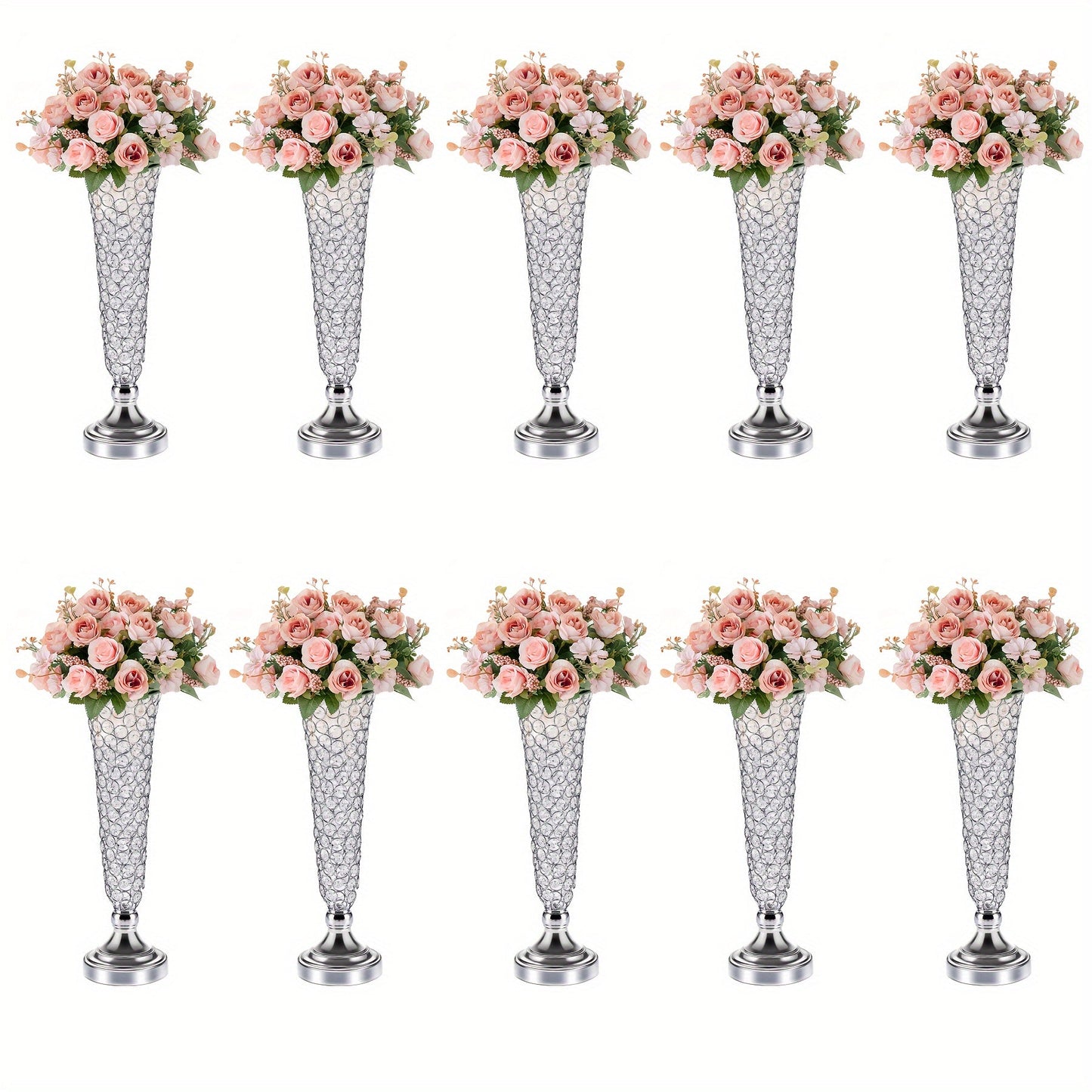 Crystal-Style Trumpet Decorative Vase Set in Gold or Silver and Two- or Ten-Piece Options for Home and Everyday Use