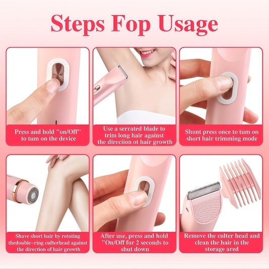 Bikini Trimmer for Women 2-in-1 Dual Head IPX7 Waterproof Electric Shaver Body Hair Trimmer Facial Hair Remover Bikini Underarm Leg Arm Face 90-Min Battery USB Rechargeable Pink Travel-Friendly
