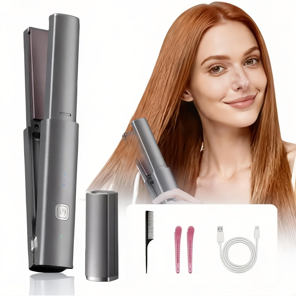 Cordless Straightener and Curler Hair Styling Tool with Three Heat Settings in Gray or Purple
