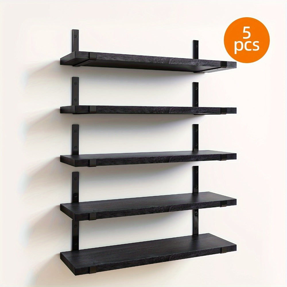 Five-Piece Rustic Floating Shelf Set with Black Metal Brackets in Light Brown, Dark Brown or Black-Gold Finishes