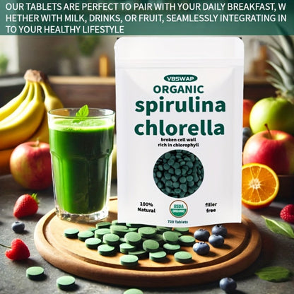 Organic Chlorella & Spirulina Tablets 720 Count – 4 Month Supply, 50/50 Superfood Blend, Cracked Cell Wall, Vegan Protein, No Fillers | Daily Green Supplement | ShopVora UK