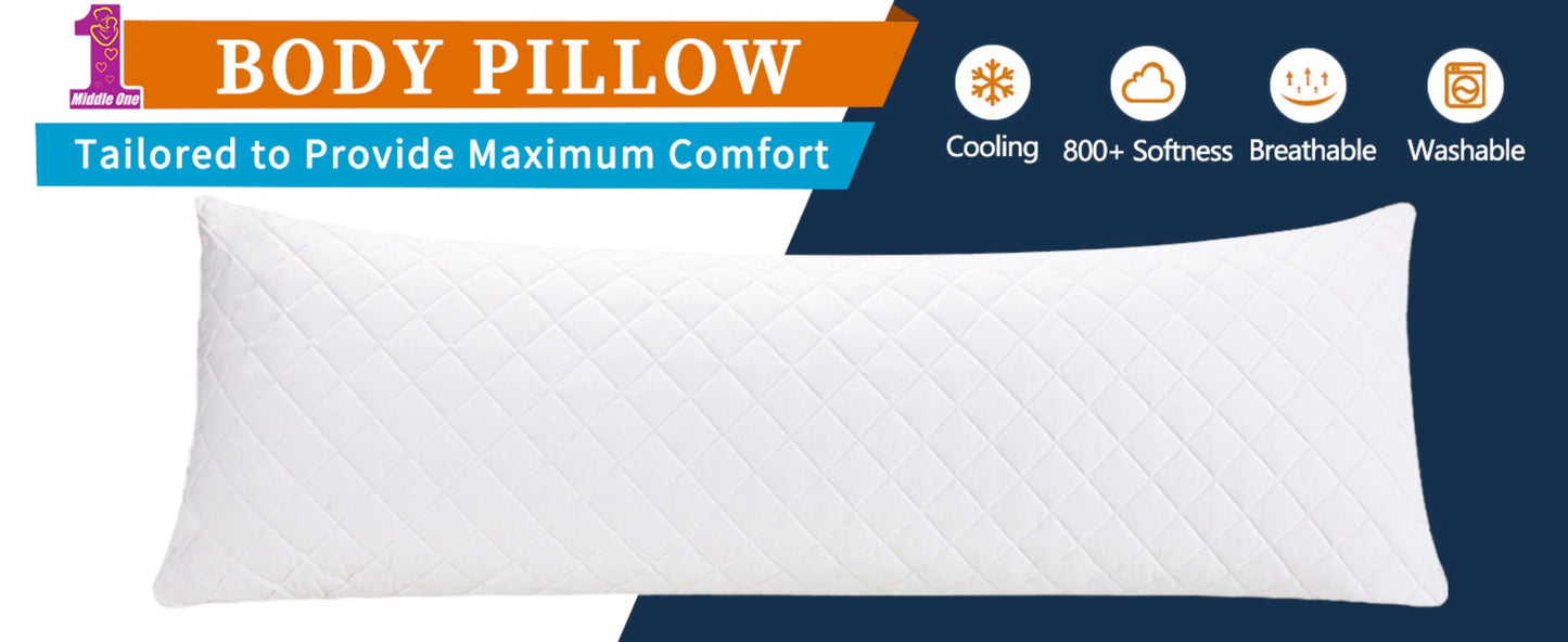 Full-Length Body Pillow, 20 x 54 Inches, Adjustable Fill in Cooling Grey, White or Pink for Adult Beds