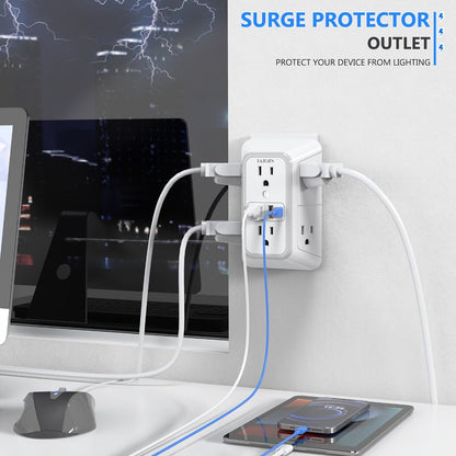 3-Sided Wall Outlet Extender 10-in-1 with 6 AC Outlets & 4 USB Ports (2 USB-A & 2 USB-C), 1050J Surge Protector Multi-Plug Adapter for Home, Travel, Office & College