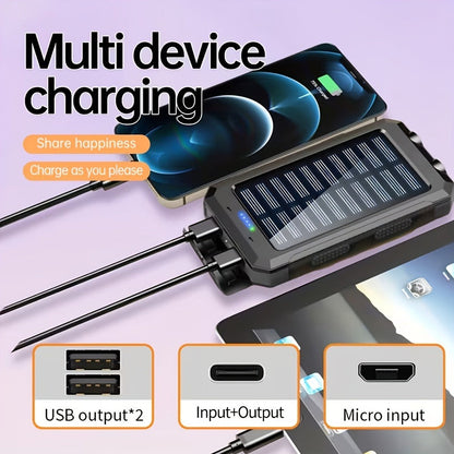 Solar Power Bank, 29800mAh Dual-USB 5V Charger with Solar Panel, Dual LED Flashlight, Compass and Eight Color Options