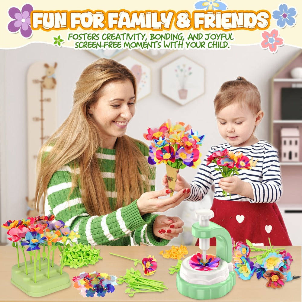 Flower Bouquet Maker Craft Kit with Hand-Operated Tool, Fabric Petals, Stems, Centers and Display Bases