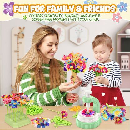 Flower Bouquet Maker Craft Kit with Hand-Operated Tool, Fabric Petals, Stems, Centers and Display Bases