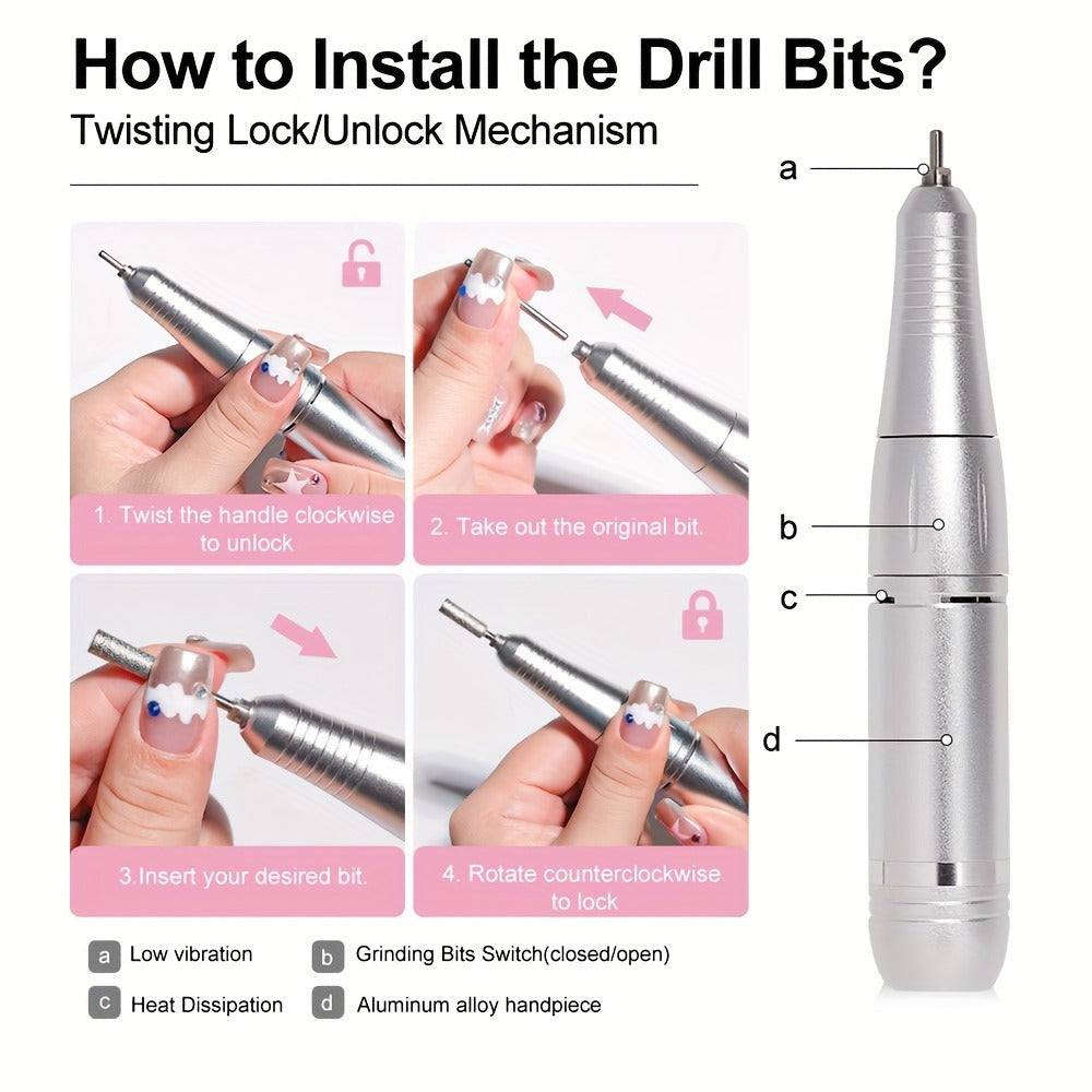 Electric Nail Drill 45000 RPM Cordless Kit with Power Display, Adjustable Speed and Three Colors