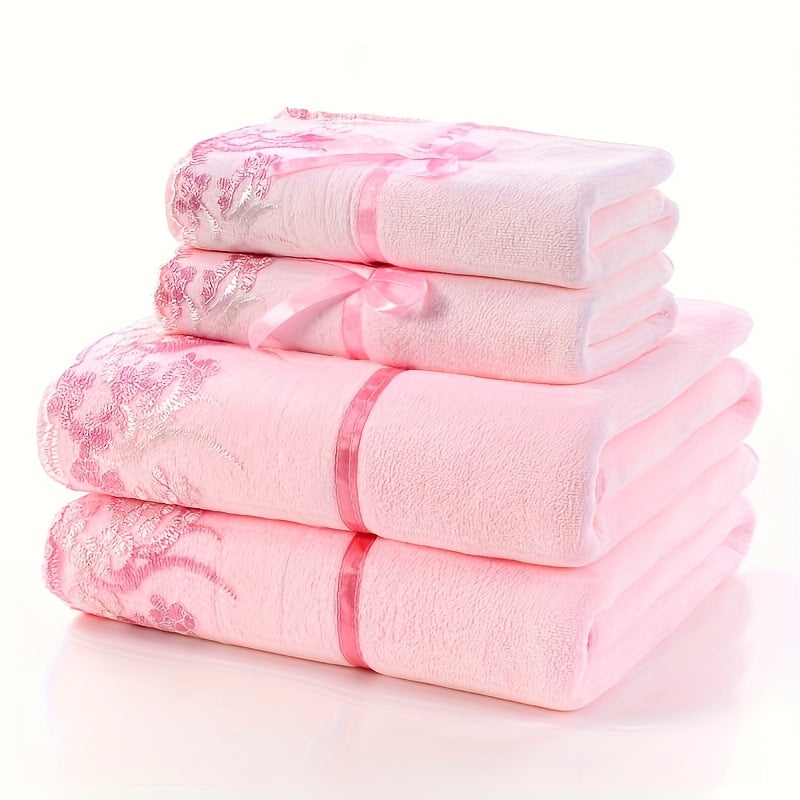 Towel Set 4-Piece 350GSM Lace Embroidery Bath and Hand Towels in Four Elegant Colors for Home and Guest Use