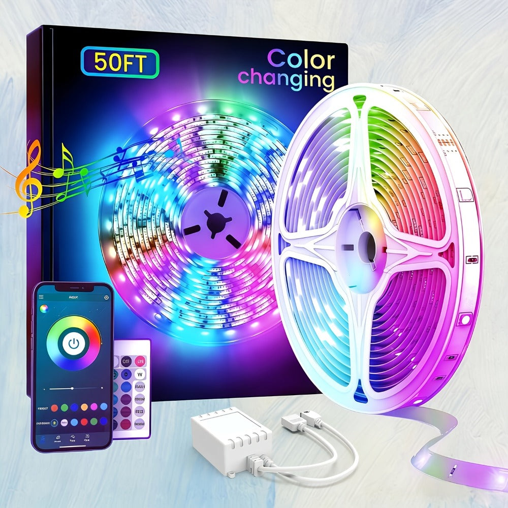 RGB LED Light Strip 50ft 100ft 130ft 16 Million Colors Music Sync – App & 24-Key Remote Control, Color Changing LED Strips for Bedroom, Game Room, Dorm & Party Decoration