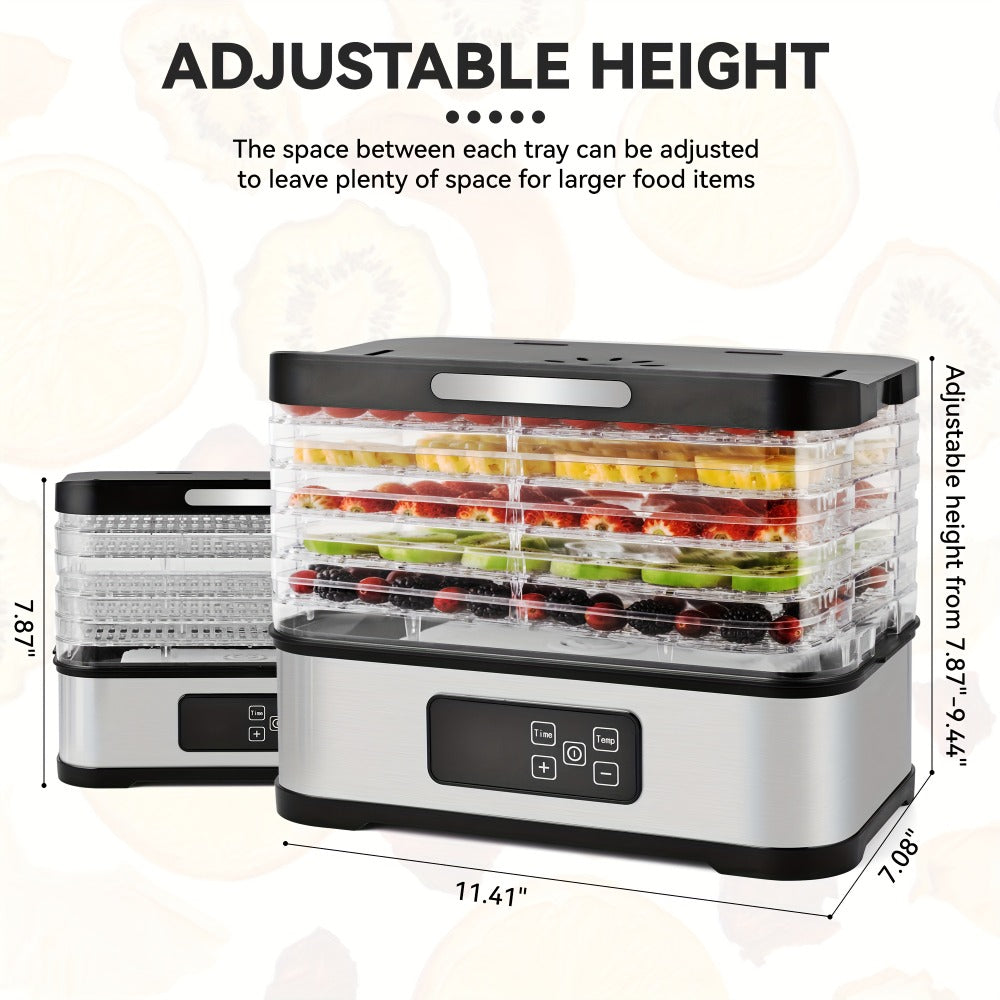 Five-Tray Stackable Food Dehydrator with 240W Heating, 95–158°F Control and Silver or Green Options