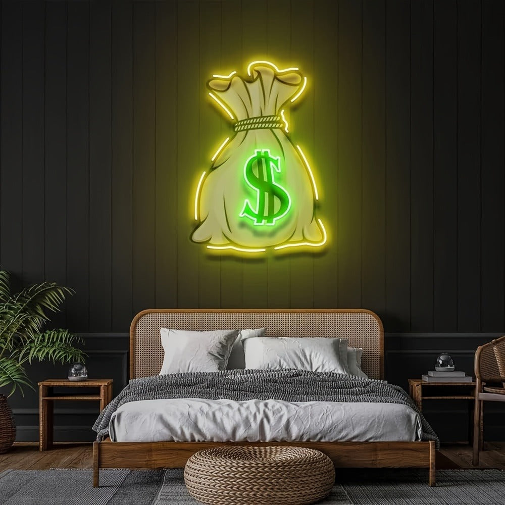 Money Bag LED Neon Sign with 40 x 30 cm Panel, USB Power and Yellow, Green and White Outline
