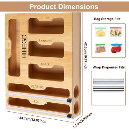 Bamboo Wrap Dispenser Kitchen Organizer 6-in-1 Bag Storage Box with Dual Cutters for Drawer or Wall