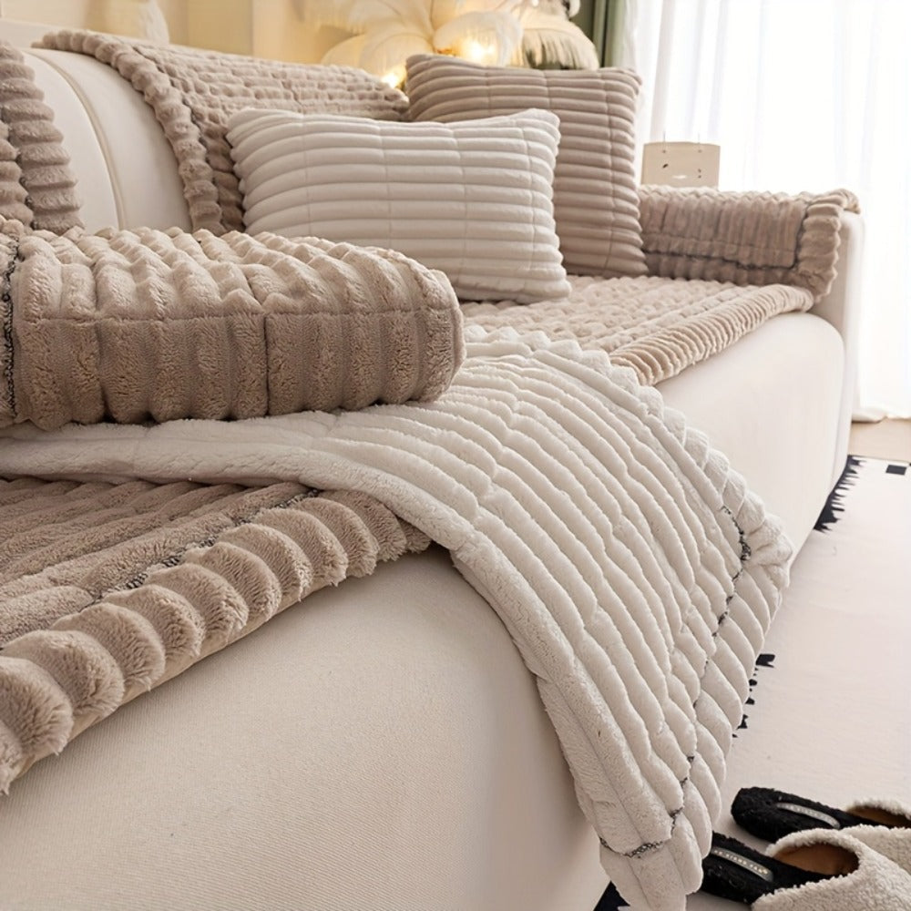 Wavy-Edge Plush Sofa Cushion Cover in Four Colors with Single-, Two-, Three- or Four-Seat Sizes