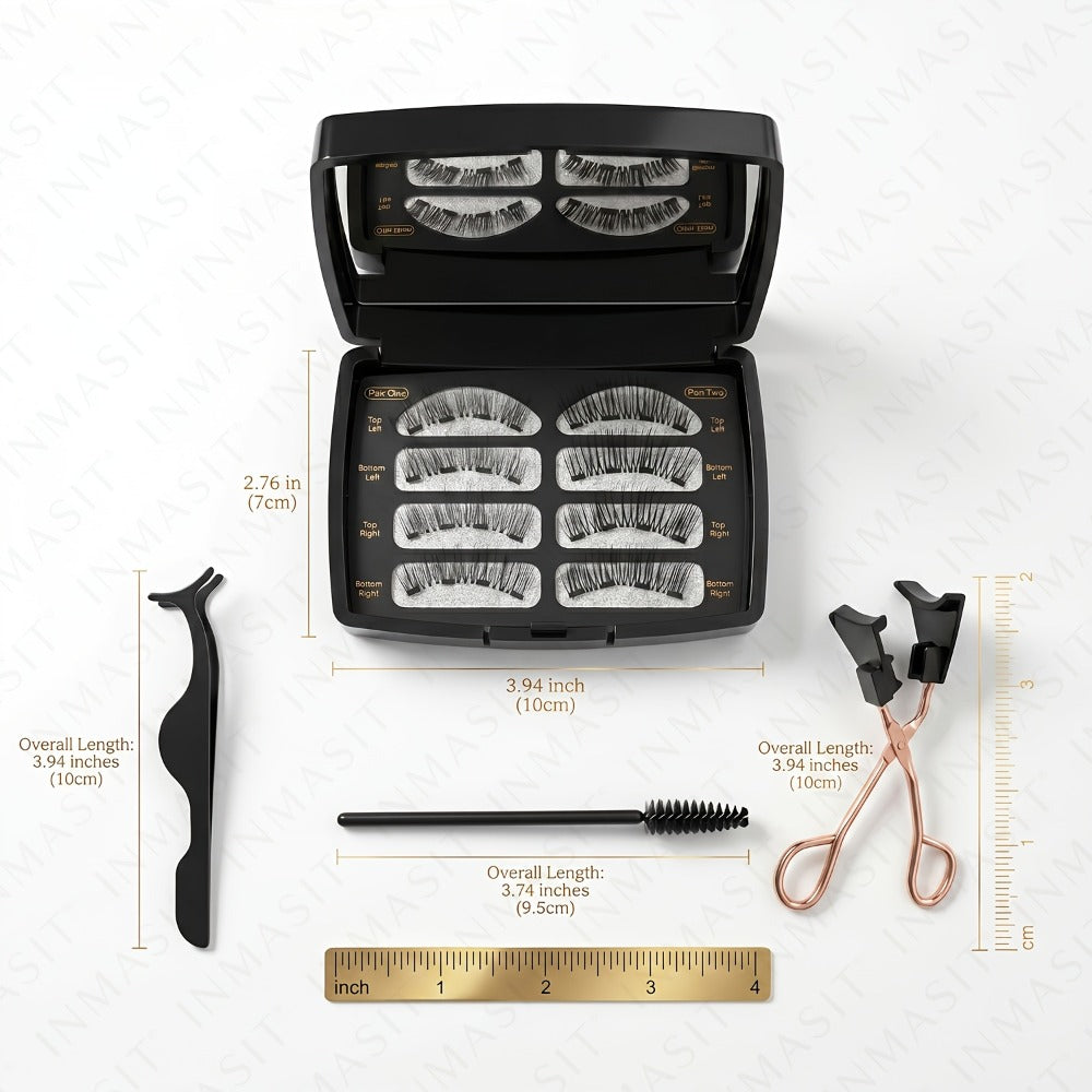 Eight-Piece Black Magnetic False Eyelash Kit with Rectangular Case, Applicator, Tweezers and Brush