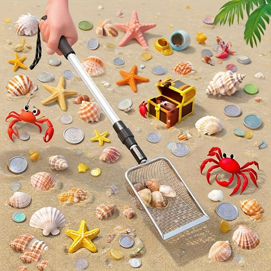Beach Sand Sifter Scoop Telescopic Handle – Stainless Steel Retractable 3-Section Scoop for Treasure Hunting Shell Collecting Beach Combing Cat Litter Cleaning, 1pc or 2pcs
