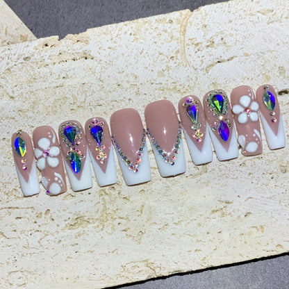 Press On Nails 10-Piece Square French-Tip Set with Nude White Gloss, AB Rhinestones and Floral Design