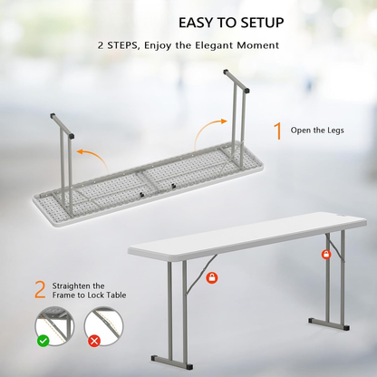 Narrow White 6-Foot Portable Folding Table with Rectangular Top and Folding Gray Leg Frame