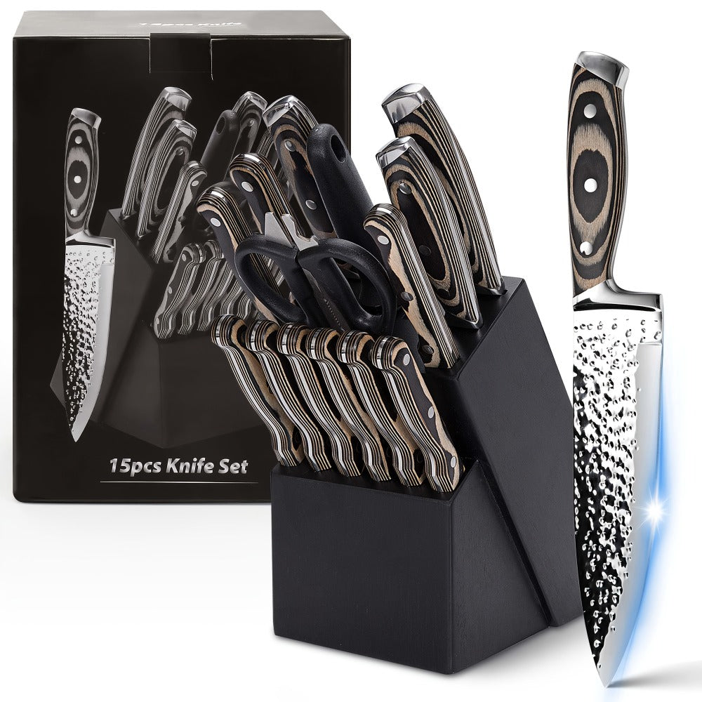 Kitchen Knife Set 15-Piece Hammered Stainless Steel with Steak Knives and Self-Sharpening Wood Block