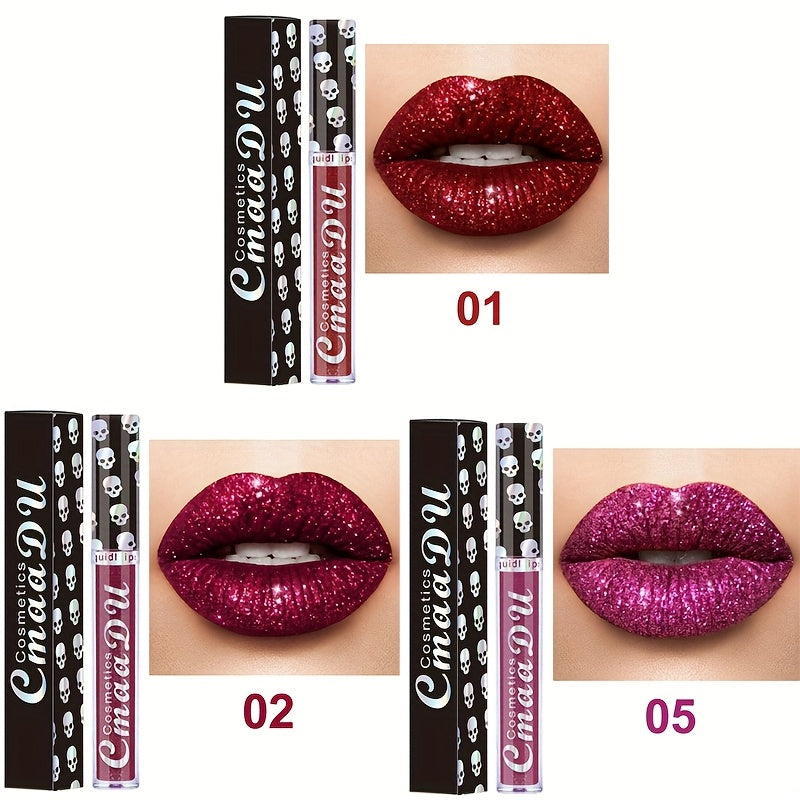 Three-Piece Skull-Design Glitter Lip Gloss Set with Nine Exact Color Combination Checkout Options