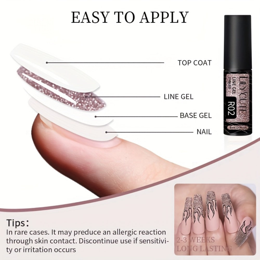 Gel Nail Polish Nine-Piece Reflective Glitter Line Set, 5ml Each for Stripes and Graffiti Nail Art
