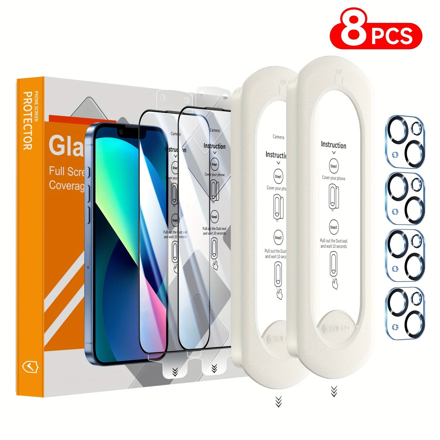 Screen Protector, 8-Piece iPhone Tempered Glass Set with Four Screen Films, Four Camera Lens Covers and Alignment Tools