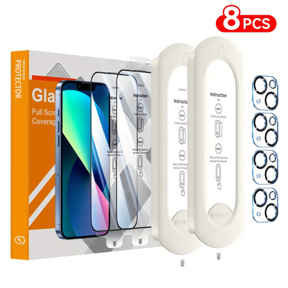 Screen Protector, 8-Piece iPhone Tempered Glass Set with Four Screen Films, Four Camera Lens Covers and Alignment Tools