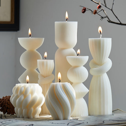 Ribbed Pillar Candles 7-Pack Large Soy Wax, Handmade Aesthetic Pillar Candle Set for Home Decor, Wedding Centerpiece, Shelf Decor, Dining Table & Housewarming Gift – White, Black, Blue, Orange with Glitter