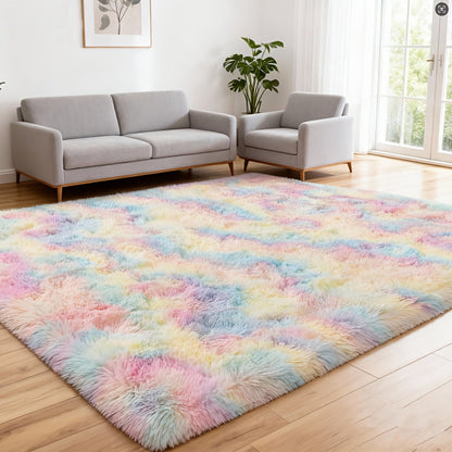 Area Rug Rainbow Tie-Dye Shag with Four Machine-Washable Sizes for Bedroom, Living Room or Office