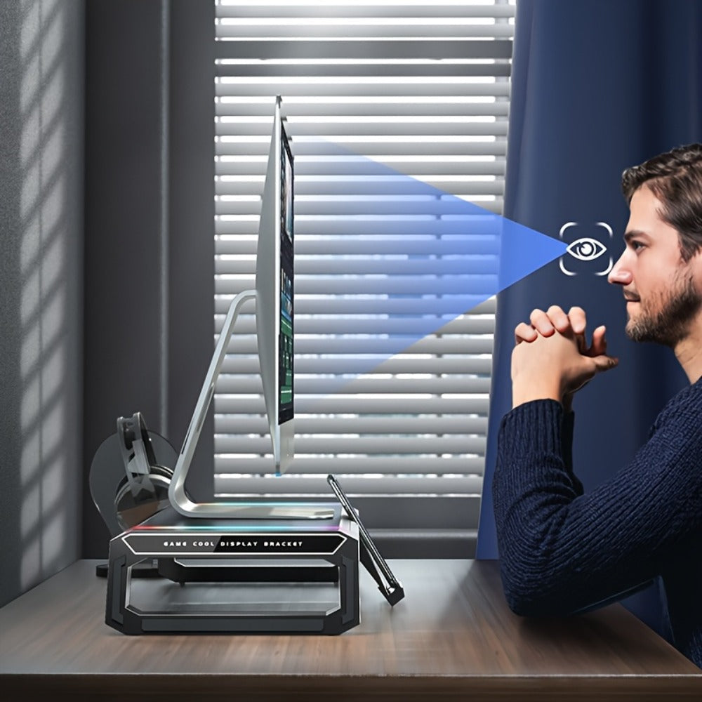 ICE COOREL Monitor Stand Foldable Height Adjustable with Storage Drawer, RGB Lighting & 4 USB Ports, Desk Organizer Riser for Desktop Laptop Tablet Smartphone, Home Office Gaming Setup