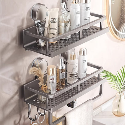 Wall-Mounted Suction Cup Shower Caddy with Towel Hook in Three Size and Pack Options for Bathrooms