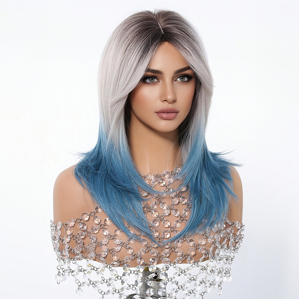 Synthetic Wig 22-Inch Gradient Blue Ombre Layers with Bangs, Adjustable Cap and Rose Hair Net