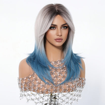 Synthetic Wig 22-Inch Gradient Blue Ombre Layers with Bangs, Adjustable Cap and Rose Hair Net