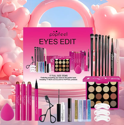 Makeup Gift Set POPFEEL 29-Color Eyeshadow Palette + Mascara + Eyeliner + Brow Pencil + Highlighter Powder + 7-Piece Brush Set | Complete Eye & Face Kit for All Skin Types | Beginner Friendly