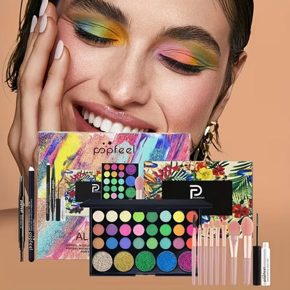 Makeup Gift Set POPFEEL 29-Color Eyeshadow Palette + Mascara + Eyeliner + Brow Pencil + Highlighter Powder + 7-Piece Brush Set | Complete Eye & Face Kit for All Skin Types | Beginner Friendly