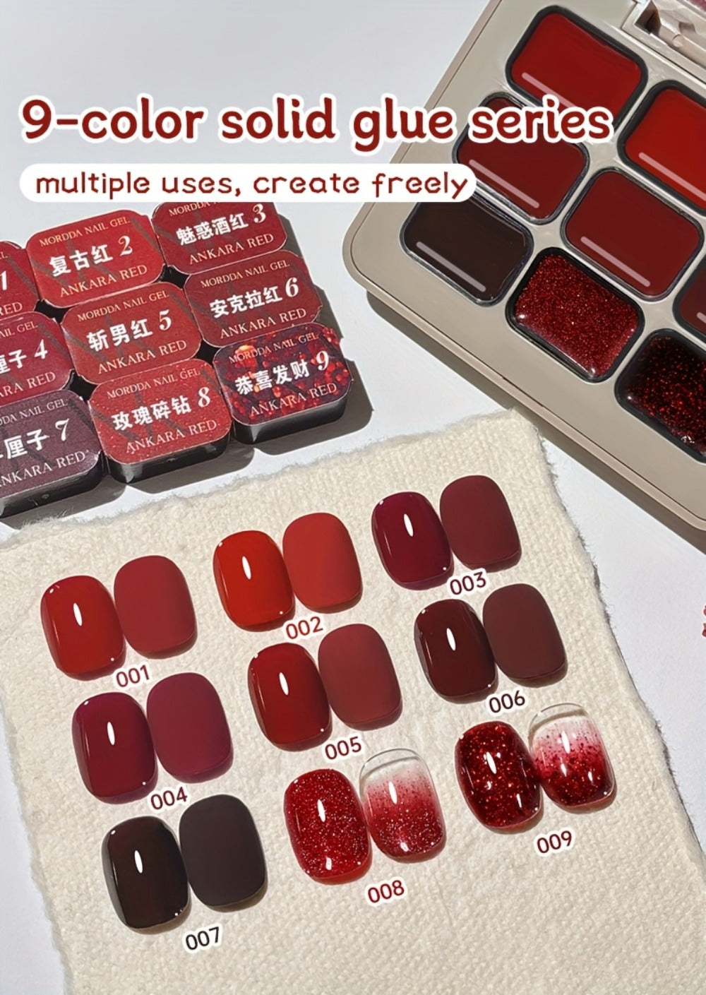 Gradient Gel Nail Polish Set 9pcs Ancola Red Collection – High Saturation Solid Gel, Shiny Gloss Finish, LED Curable Multifunctional Nail Gel | Spring Summer Ombre DIY Manicure Kit for Women