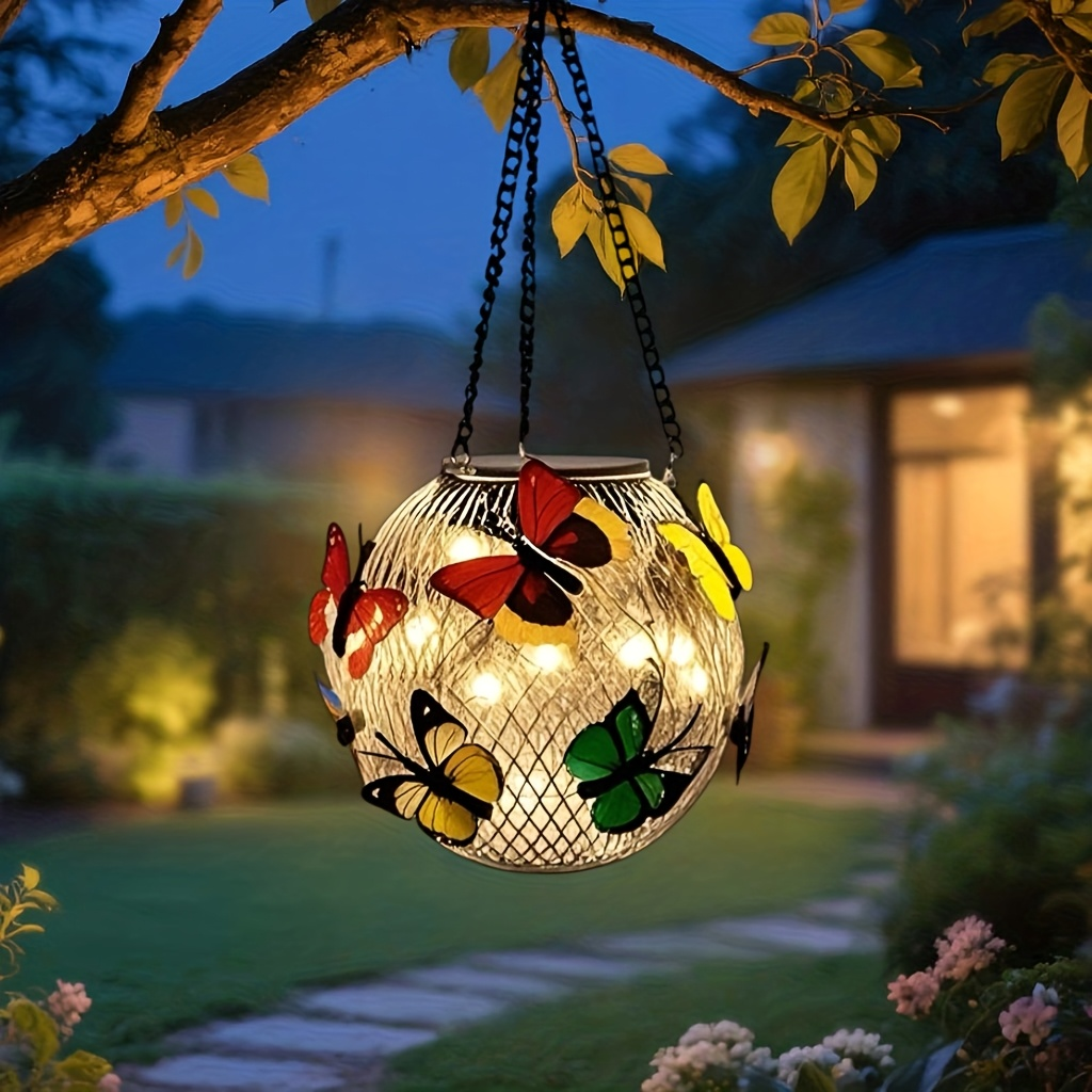 Solar Outdoor Lights 2-Pack Metal Butterfly Hanging Lanterns in Warm White or Multicolor for Porch Decor