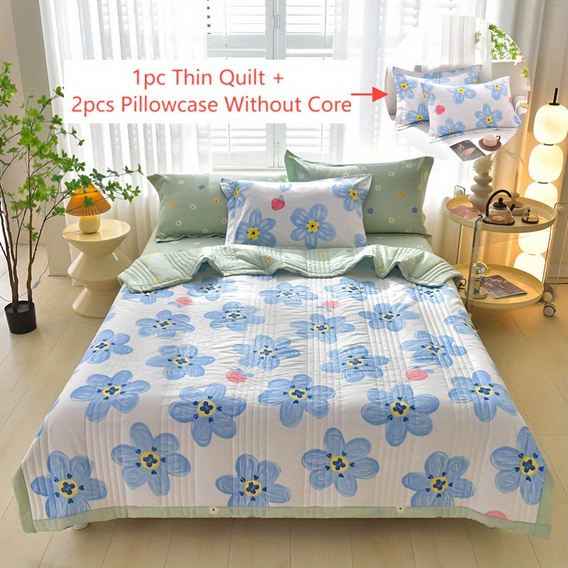 Floral Three-Piece Thin Quilt Set with Two Pillowcases, Twin to King Sizes and Three Printed Styles