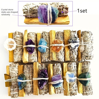 Natural White Sage and Random Crystal Decor Set for Meditation Spaces, Displays and Seasonal Gifts