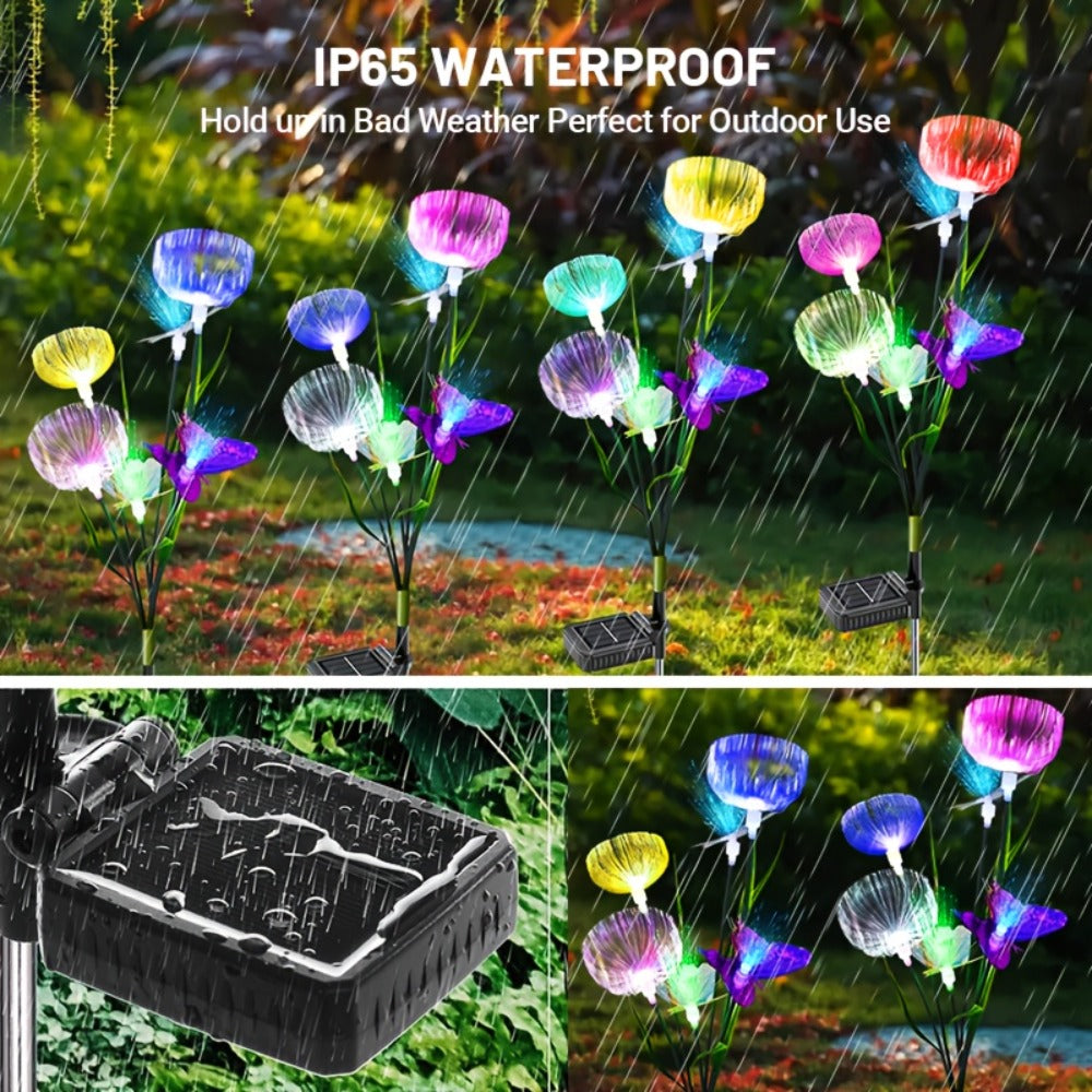 Solar Garden Lights 4-Pack, Fiber Optic Jellyfish Butterfly Stake Lights with 7-Color Changing LED & IP65 Waterproof — Solar Outdoor Lights for Garden Path, Yard, Patio & Holiday Decor