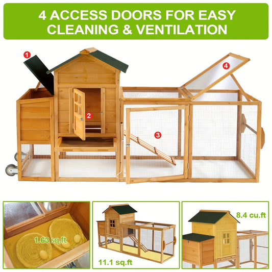 Chicken Coop with Run Large Outdoor Wooden Hen House 82 Inch Walk-in Poultry Cage for 2-4 Chickens Ducks Rabbits with Nesting Box Removable Tray Wheels