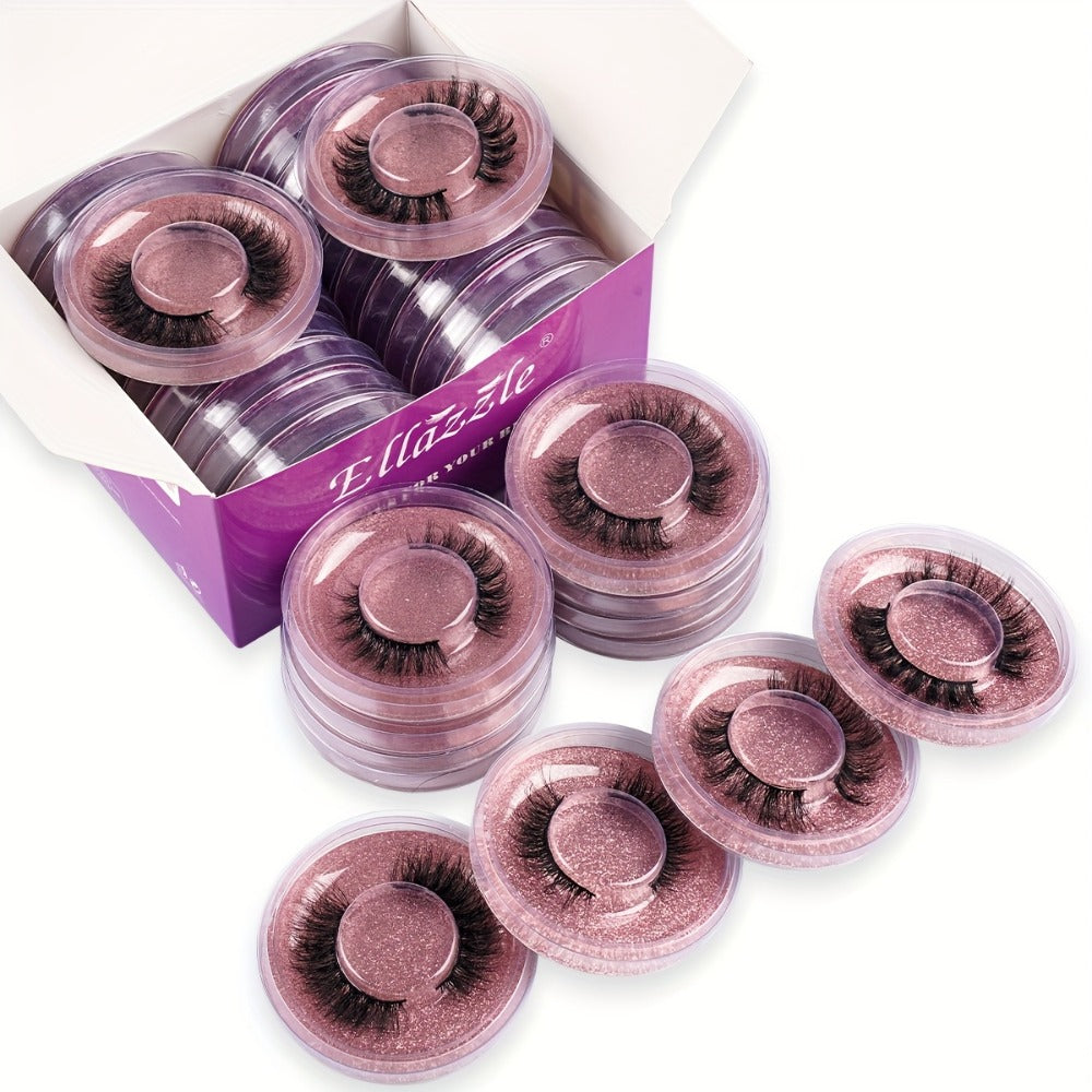 Faux-Mink False Eyelashes Multipack with 20 Pairs in Three Mixed-Style Round Storage Case Options