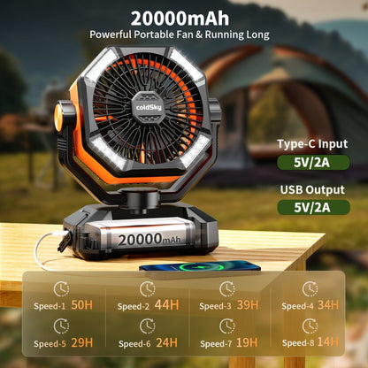 Portable Outdoor Fan 20000mAh USB Rechargeable, Infinite Speed Control Strong Wind Fan with Remote Control, High-Capacity Battery Powered Fan for Camping, Hiking, Job Site and Outdoor Activities