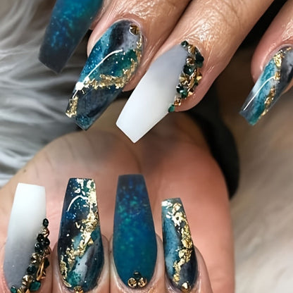 Press On Nails 144-Piece Medium Coffin Set with Blue Marble, Sequins and Included Nail Glue
