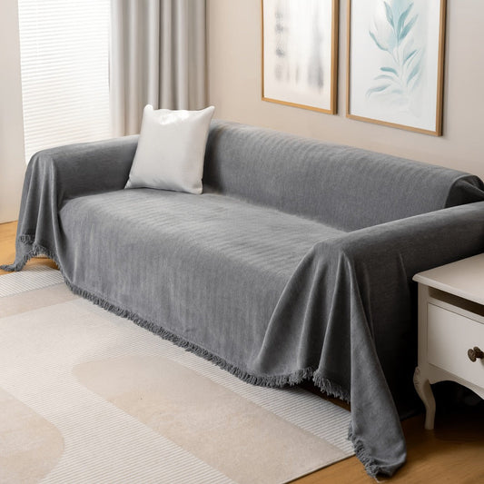 Sofa Cover Throw, Chenille Woven Fringe Slipcover in Three Colors for Three- and Four-Seat Couches
