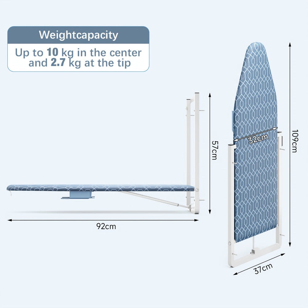 Wall-Mounted Fold-Down Ironing Board with 36-by-12-Inch Surface in Light Blue or Blue Covers