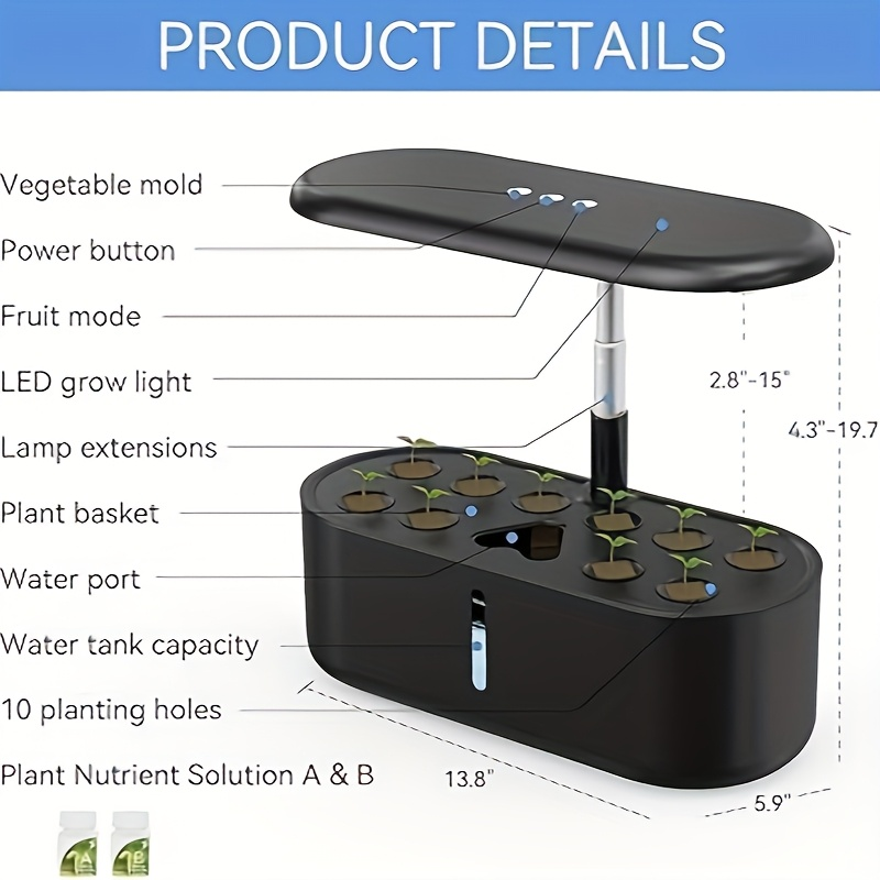 10-Pod Hydroponic Garden Kit with 24W LED Grow Light, Timer, One-Gallon Tank and Three Finishes