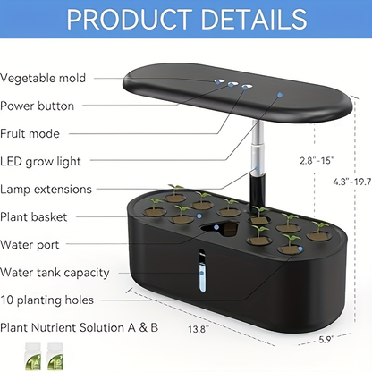 10-Pod Hydroponic Garden Kit with 24W LED Grow Light, Timer, One-Gallon Tank and Three Finishes