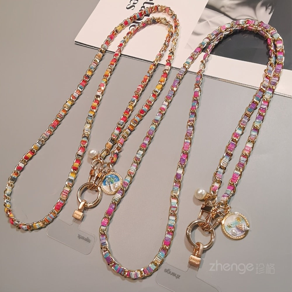 Purple Rose Pattern Phone Crossbody Chain Lanyard with Round Disc Charm and Pictured 65 cm Length