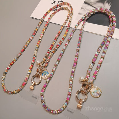 Purple Rose Pattern Phone Crossbody Chain Lanyard with Round Disc Charm and Pictured 65 cm Length